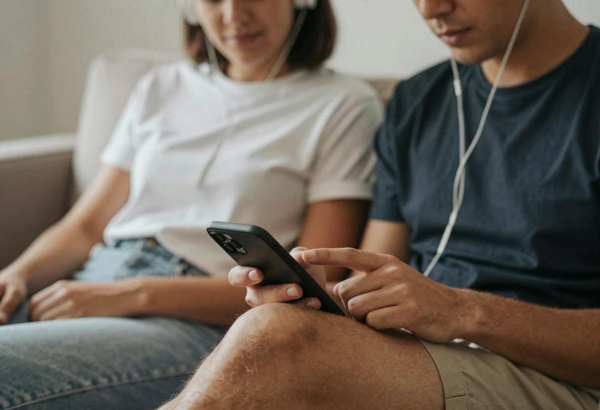 Un couple assis sur un canapé écoute une chanson dans des écouteurs partagés