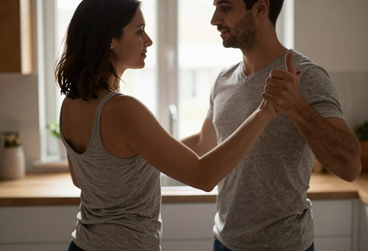 Un couple répète quelques pas de danse dans sa cuisine, une main sur l’épaule et les mains jointes