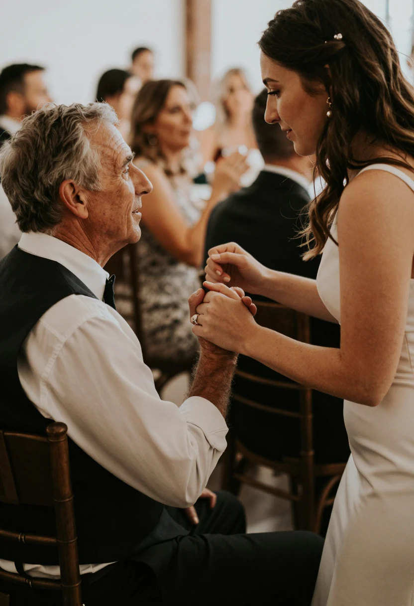 Une danse père-fille assise, un homme âgé tenant les deux mains d’une jeune femme en robe blanche penchée vers lui