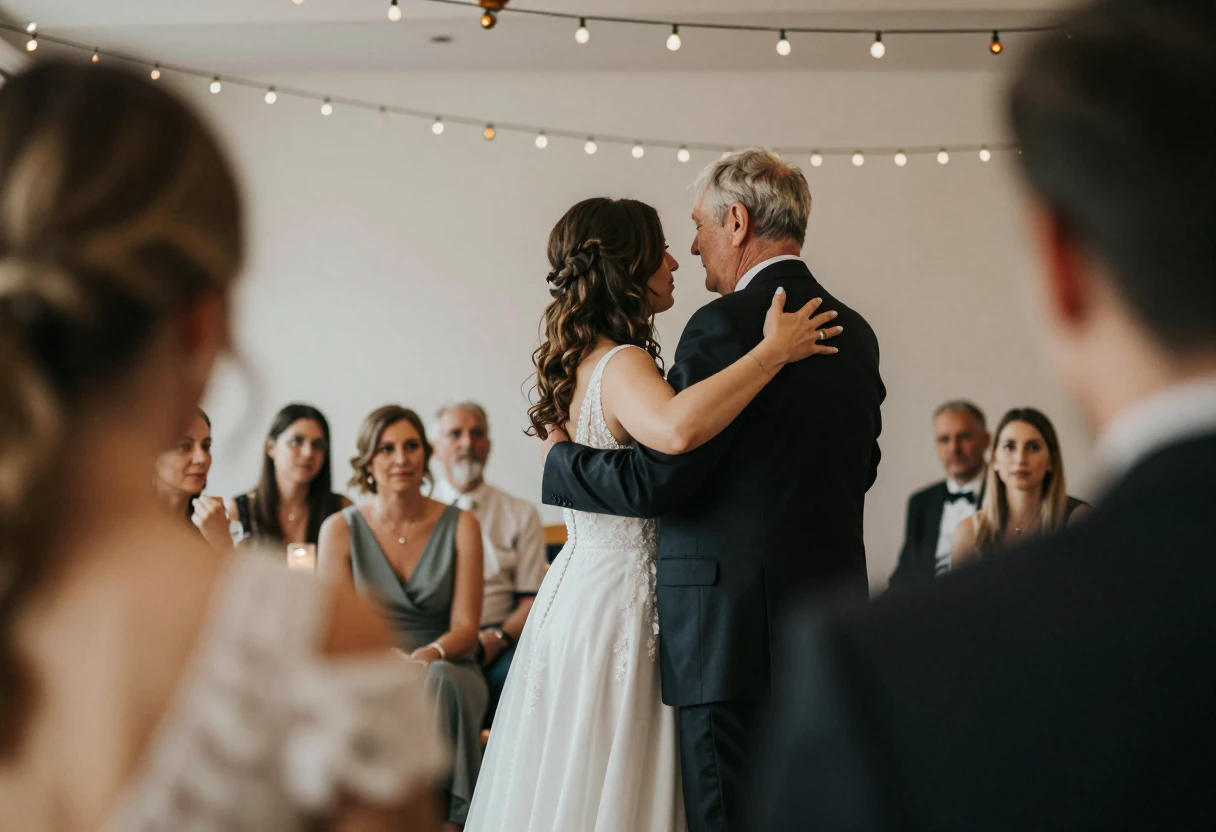 Un homme en costume et une jeune femme en robe de mariée dansent un slow devant les invités assis