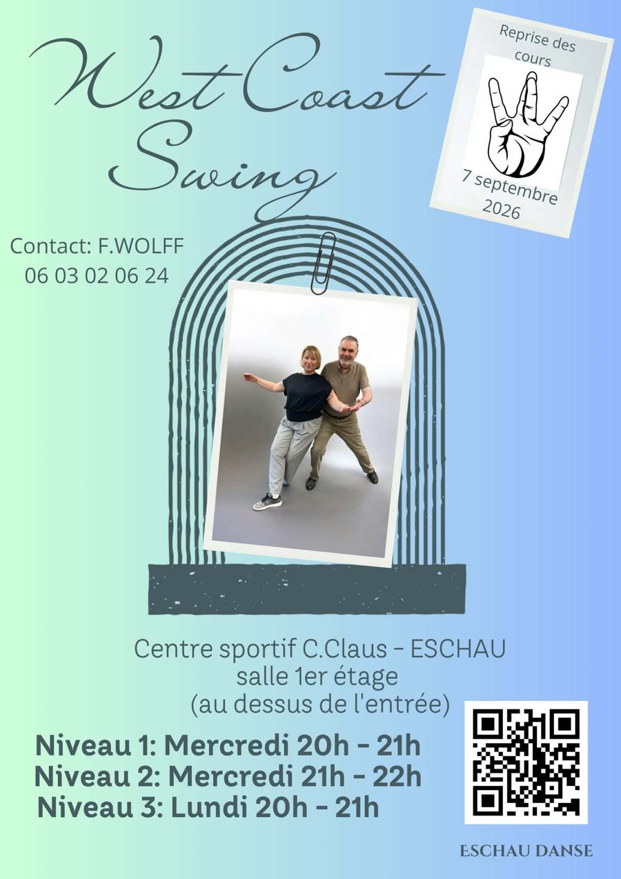Affiche des cours de West Coast Swing d’Eschau Danse, avec Francis et Stéphanie en position de danse