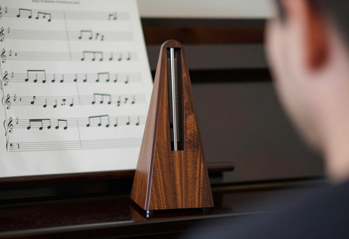 Un métronome en bois bat le tempo sur un piano, devant une partition ouverte