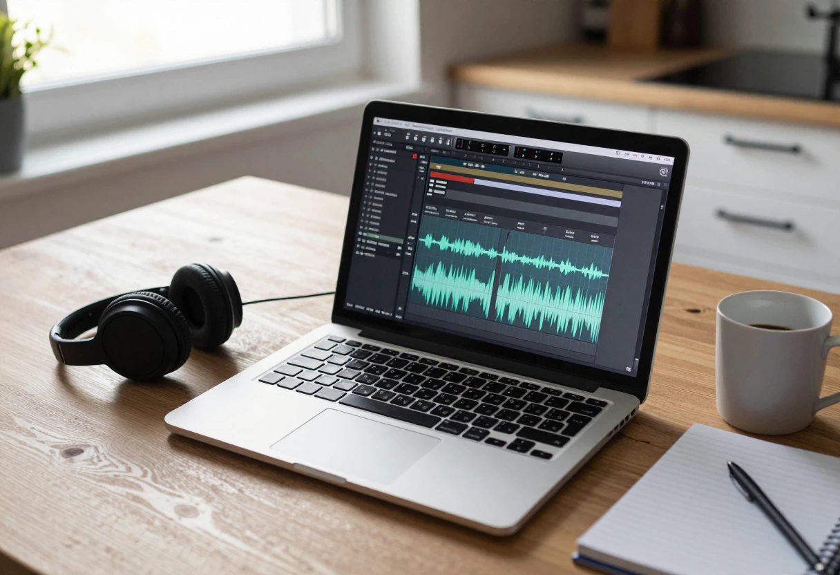 La forme d’onde d’une chanson ouverte sur un ordinateur portable, un casque posé à côté