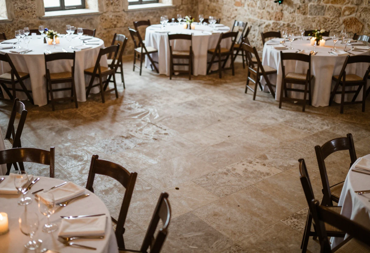 Une petite piste de danse cernée de tables rondes dans une salle voûtée en pierre
