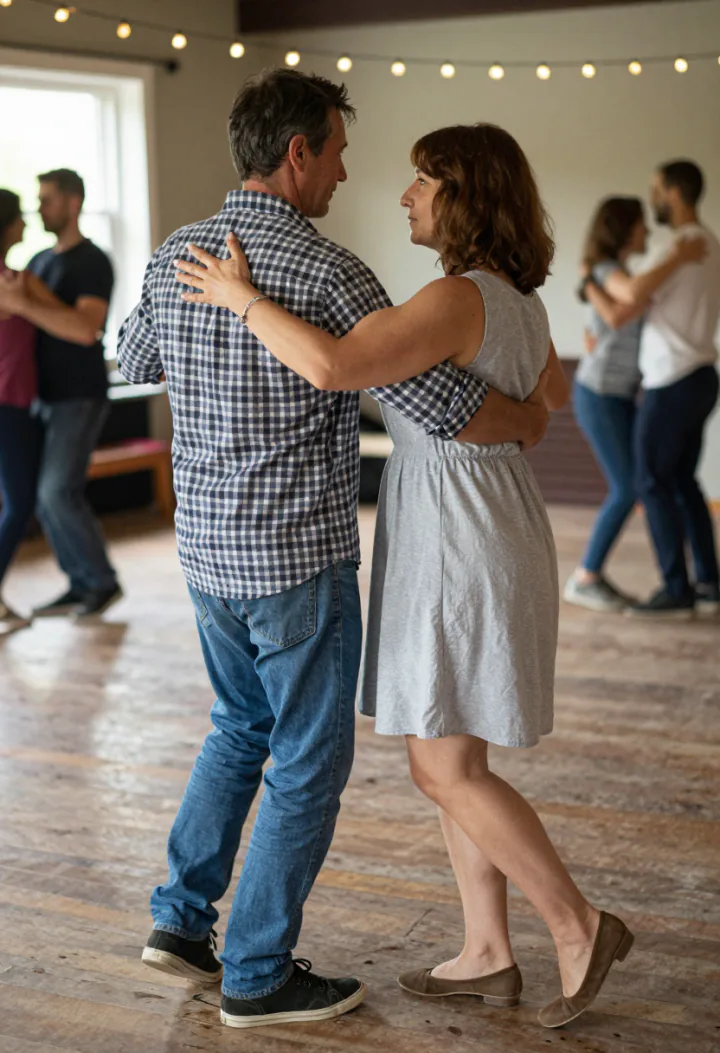 Un couple danse une valse face à face au milieu d’autres couples, sous des guirlandes d’ampoules