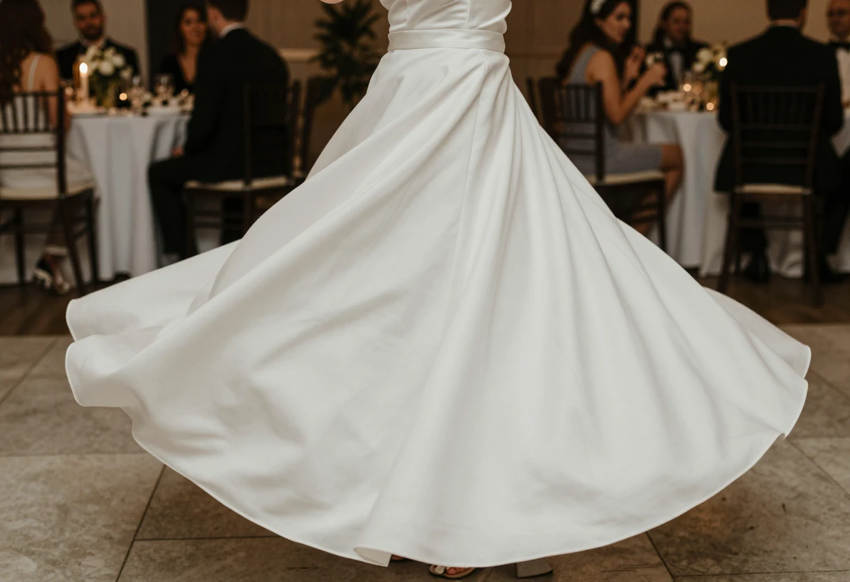 Une robe de mariée longue s’ouvre en tournant sur la piste devant les tables