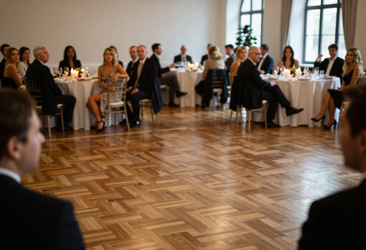 Une piste de danse vide au milieu des tables dressées, les invités assis tout autour